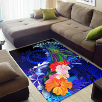 Custom Personalised Chuuk Area Rug - Humpback Whale with Tropical Flowers (Blue) - Polynesian Pride