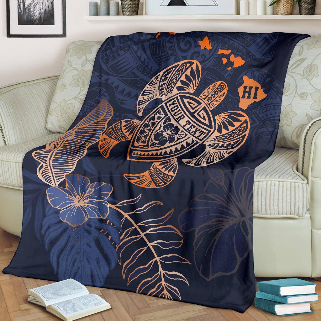 Personalized - Hawaii Kakau Polynesian Turtle Map Premium Blanket - Indigo Premium Blanket - Polynesian Pride