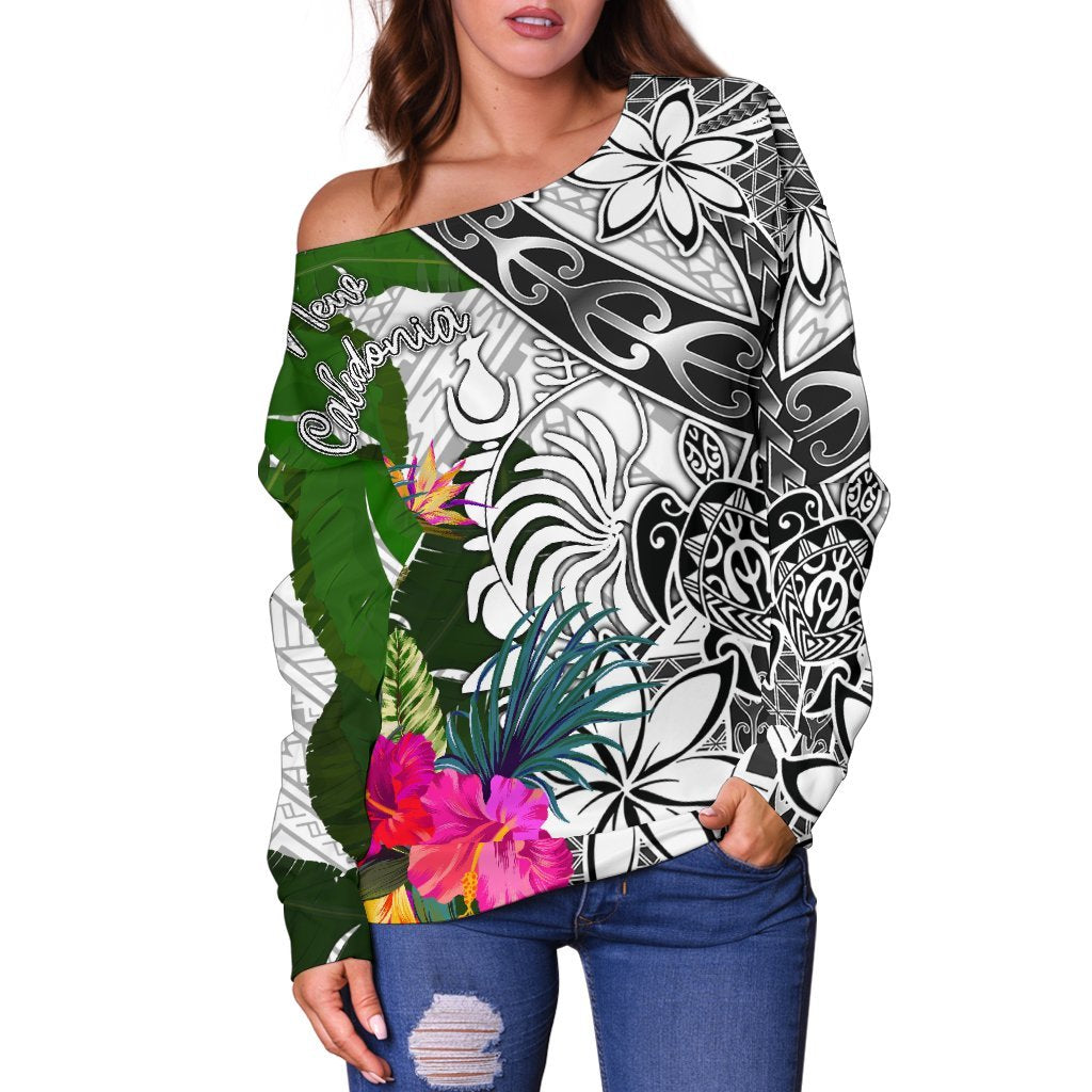 New Caledonia Women's Off Shoulder Sweater White - Turtle Plumeria Banana Leaf Crest - Polynesian Pride