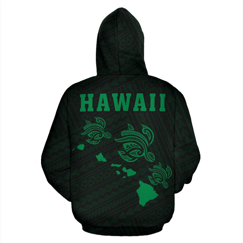 Polynesian Kakau Three Turtle Map of Hawaii Hoodie Green - Polynesian Pride