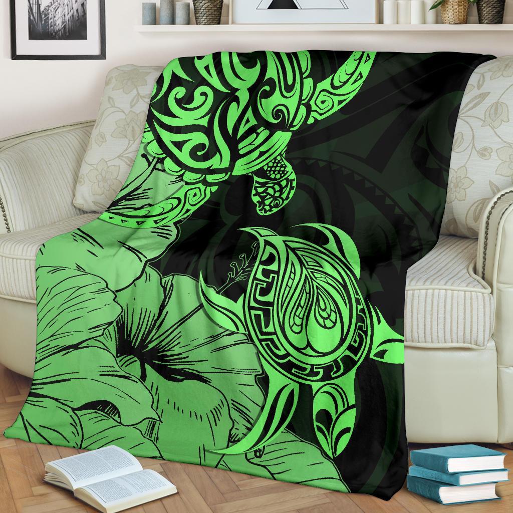 Hawaii Turtle Premium Blanket Polynesian Hibiscus Art Green AH - Polynesian Pride