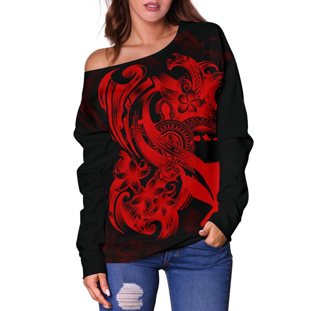 Polynesian Hawaii Women's Off Shoulder Sweater - Kanaka Maoli Red Turtle - Polynesian Pride