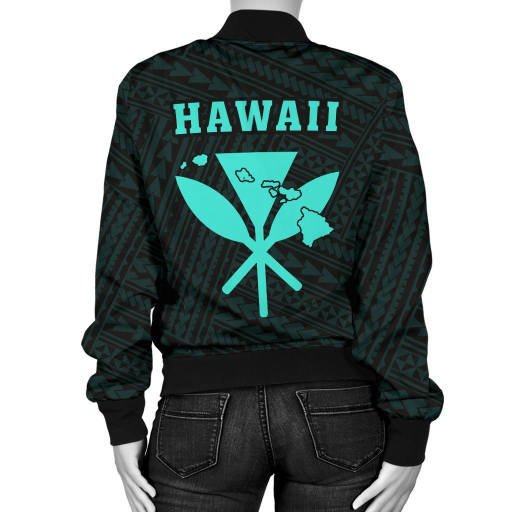 Hawaii Kakau Polynesian Kanaka Map Women's Bomber Jacket - Turquoise - Polynesian Pride