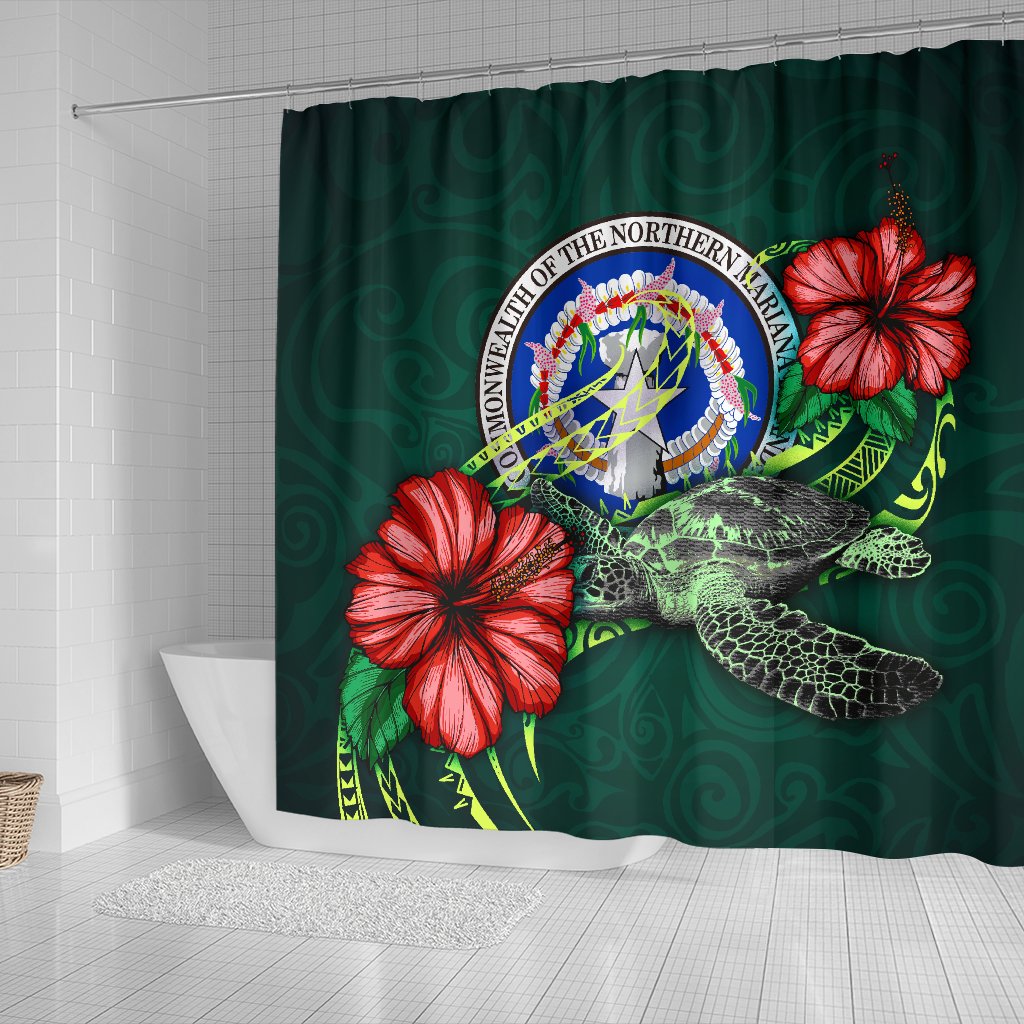 Northern Mariana Islands Polynesian Shower Curtain - Green Turtle Hibiscus - Polynesian Pride