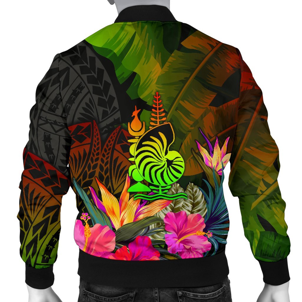 New Caledonia Polynesian Men's Bomber Jacket - Hibiscus and Banana Leaves - Polynesian Pride