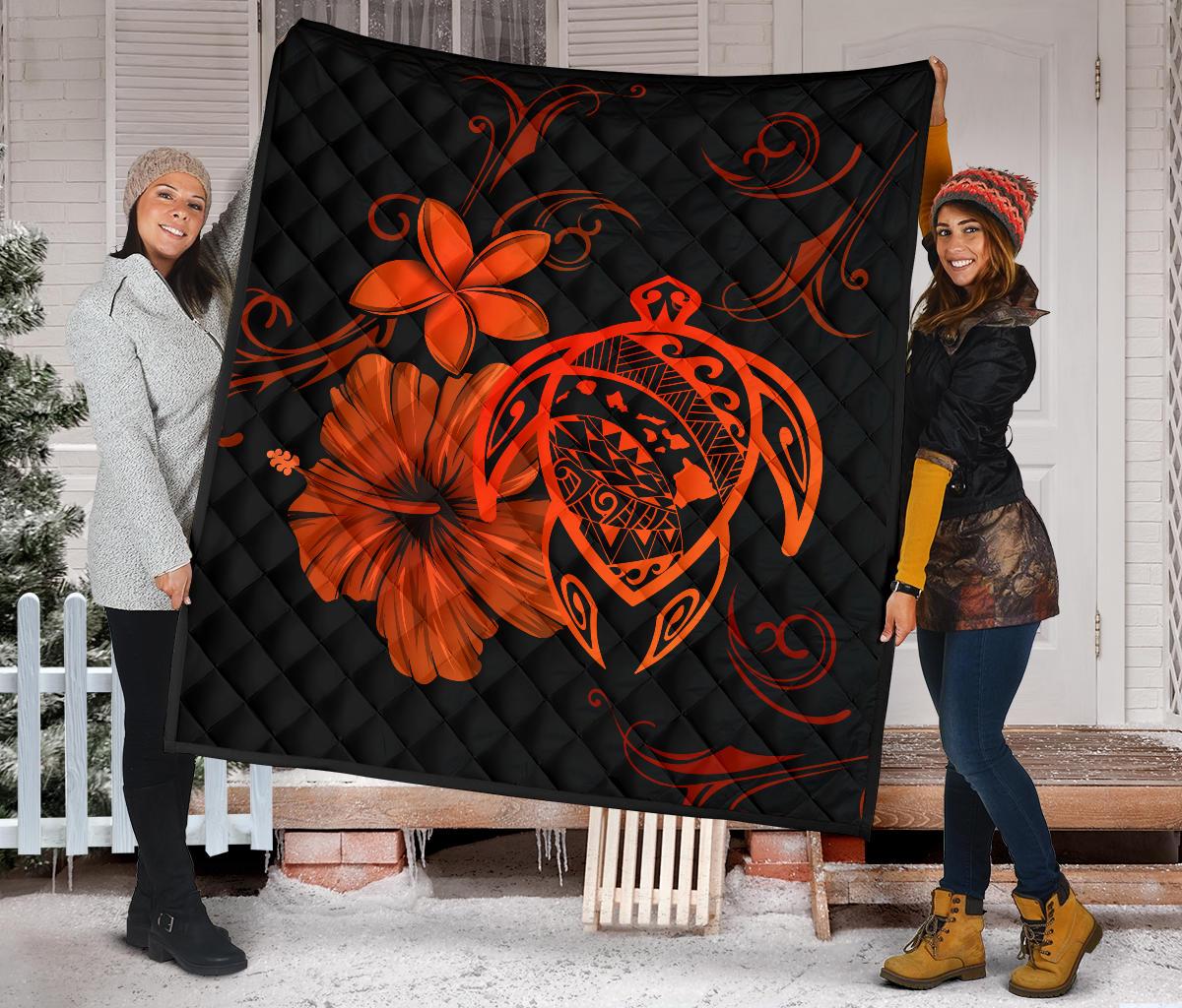 Hawaii Turtle Hibiscus Premium Quilt Orange - Polynesian Pride