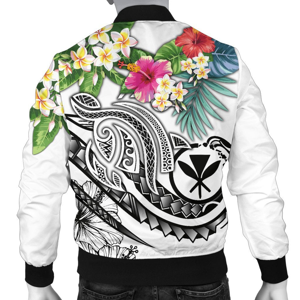 Polynesian Hawaii Kanaka Maoli Men's Bomber Jacket - Summer Plumeria (White) - Polynesian Pride