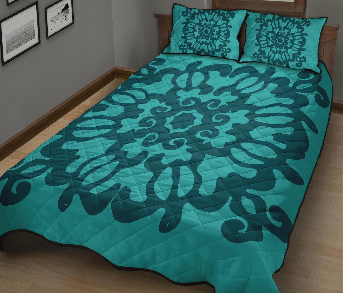 Hawaiian Quilt Turtle Pattern New Blue Quilt Bed Set - Skin Style - AH - Polynesian Pride