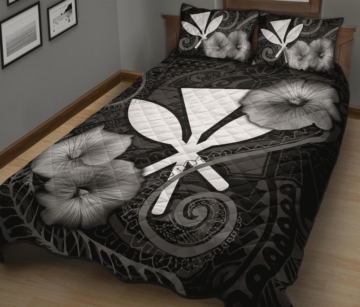 Hawaii Polynesian Quilt Bed Set - Hawaii Kanaka Maoli & Black Hibiscus - Polynesian Pride