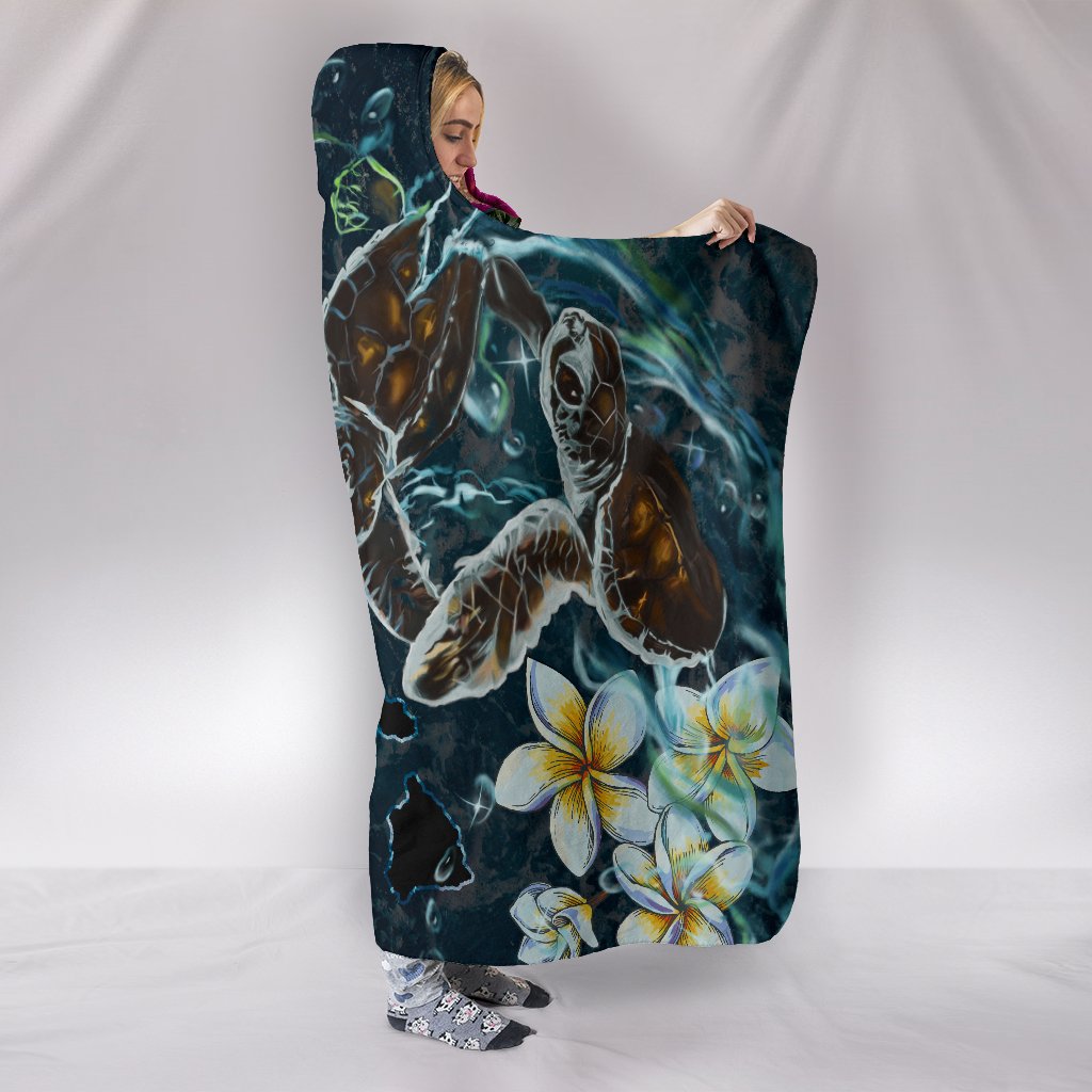 Hawaii Map Turtle Swimming Hibiscus Plumeria Moana Hooded Blanket - Polynesian Pride
