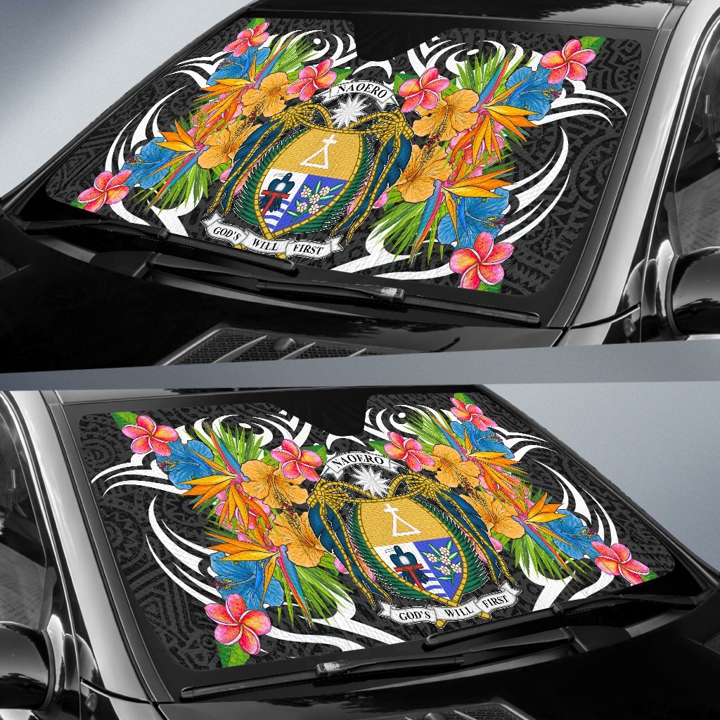 Nauru Auto Sun Shades - Coat Of Arms With Tropical Flowers - Polynesian Pride