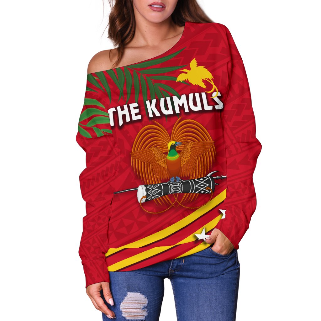 Papua New Guinea Rugby Off Shoulder Sweater Coconut Leaves - The Kumuls - Polynesian Pride