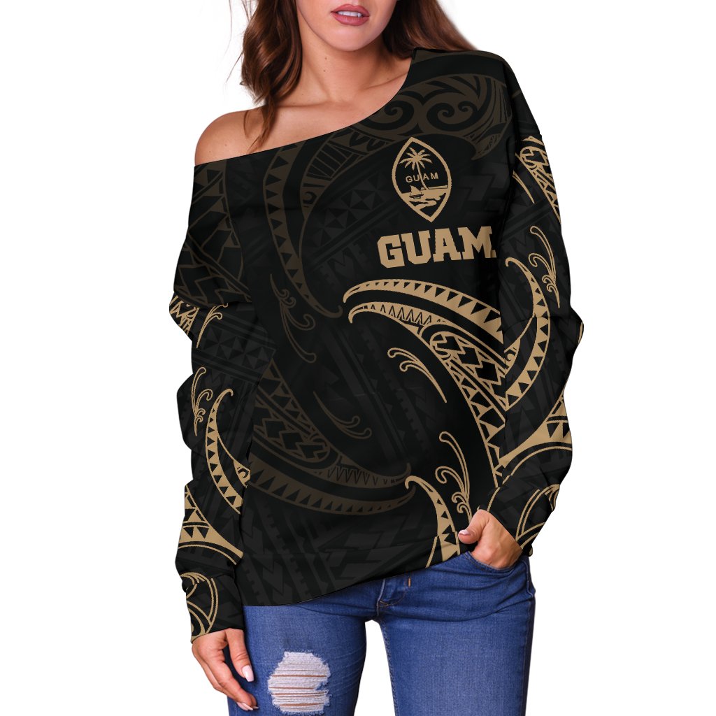 Guam Polynesian Women's Off Shoulder Sweater - Gold Tribal Wave - Polynesian Pride