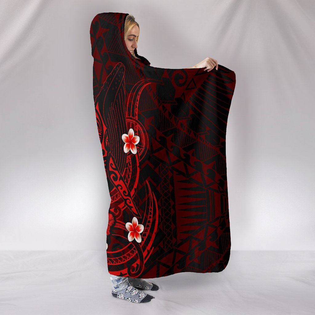 Polynesian Hawaii Kanaka Maoli Hooded Blanket - Humpback Whale with Hibiscus (Red) - Polynesian Pride