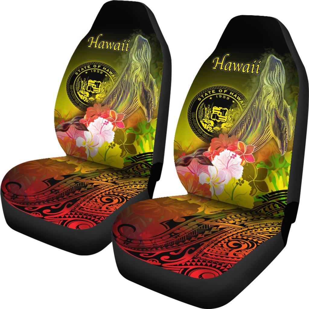 Polynesian Hawaii Car Seat Covers - Humpback Whale with Tropical Flowers (Yellow) - Polynesian Pride