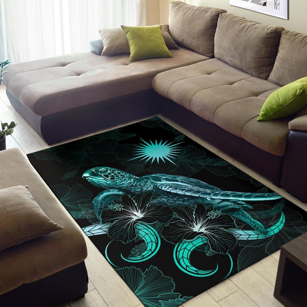 Marshall Islands Polynesian Area Rugs - Turtle With Blooming Hibiscus Turquoise - Polynesian Pride