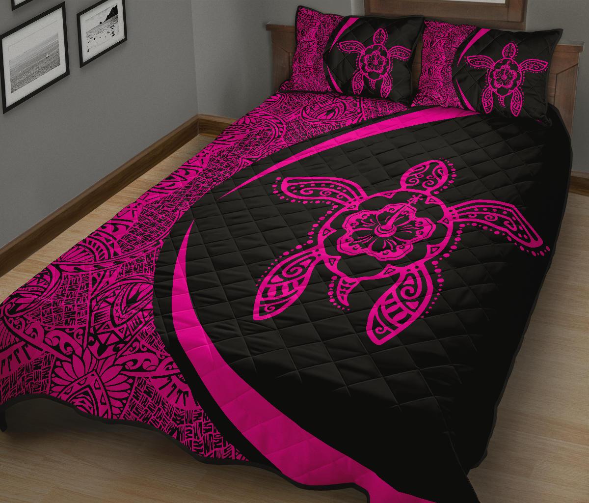 Hawaiian Polynesian Turtle Quilt Bed Set - Circle Style Pink - Polynesian Pride
