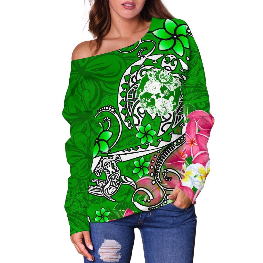 Tonga Women's Off Shoulder Sweater - Turtle Plumeria (Green) - Polynesian Pride