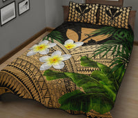 Kanaka Maoli (Hawaiian) Quilt Bed Set, Polynesian Plumeria Banana Leaves Gold - Polynesian Pride