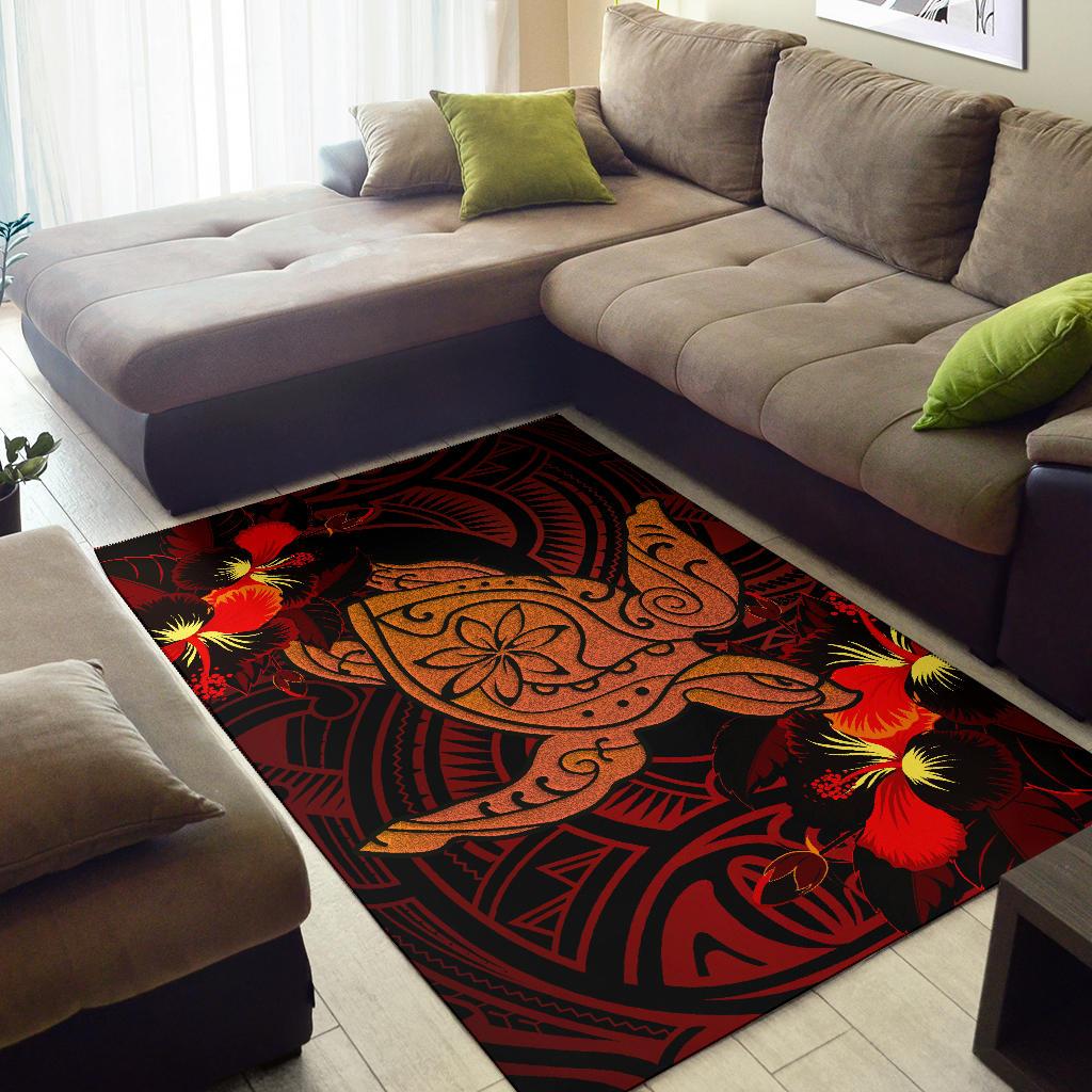 Hawaii Hibiscus Polynesian Red Big Turtle Area Rug AH - Polynesian Pride