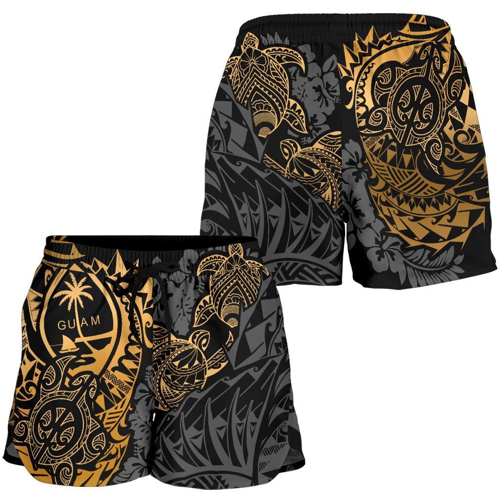 Guam Polynesian Shorts (Women) - Gold Turtle Flowing - Polynesian Pride