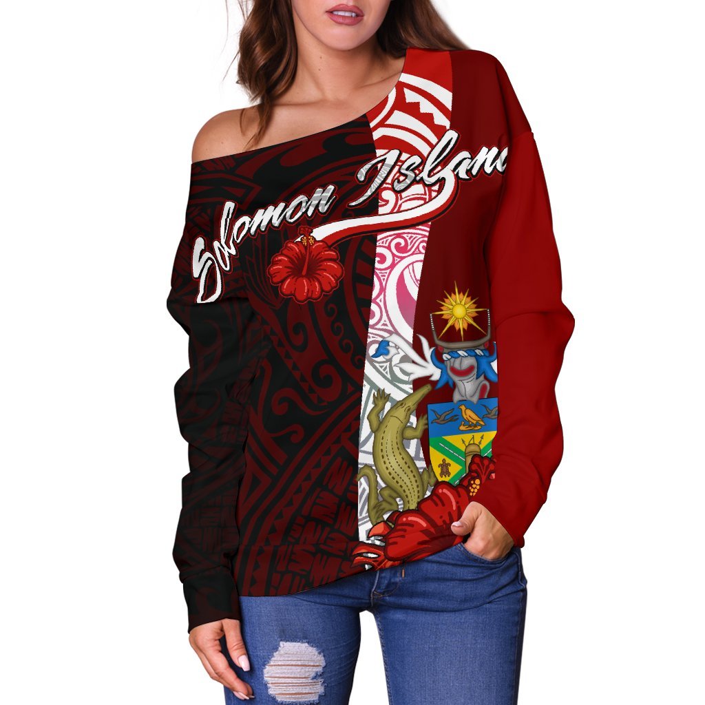 Solomon Islands Polynesian Women's Off Shoulder Sweater - Coat Of Arm With Hibiscus - Polynesian Pride