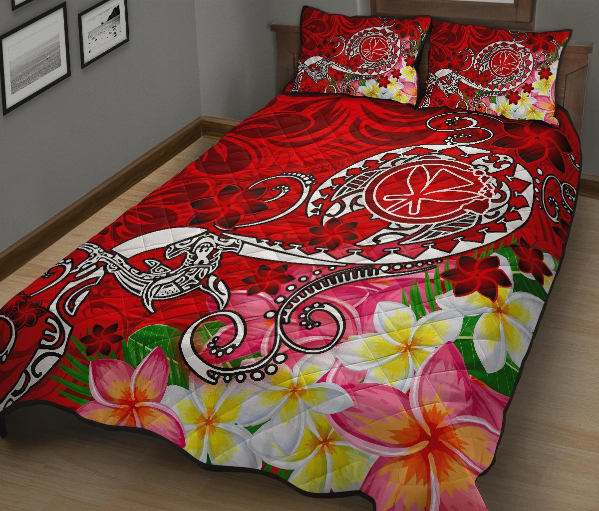 Hawaii Quilt Bed Set - Turtle Plumeria Polynesian Tattoo Red Color - Polynesian Pride