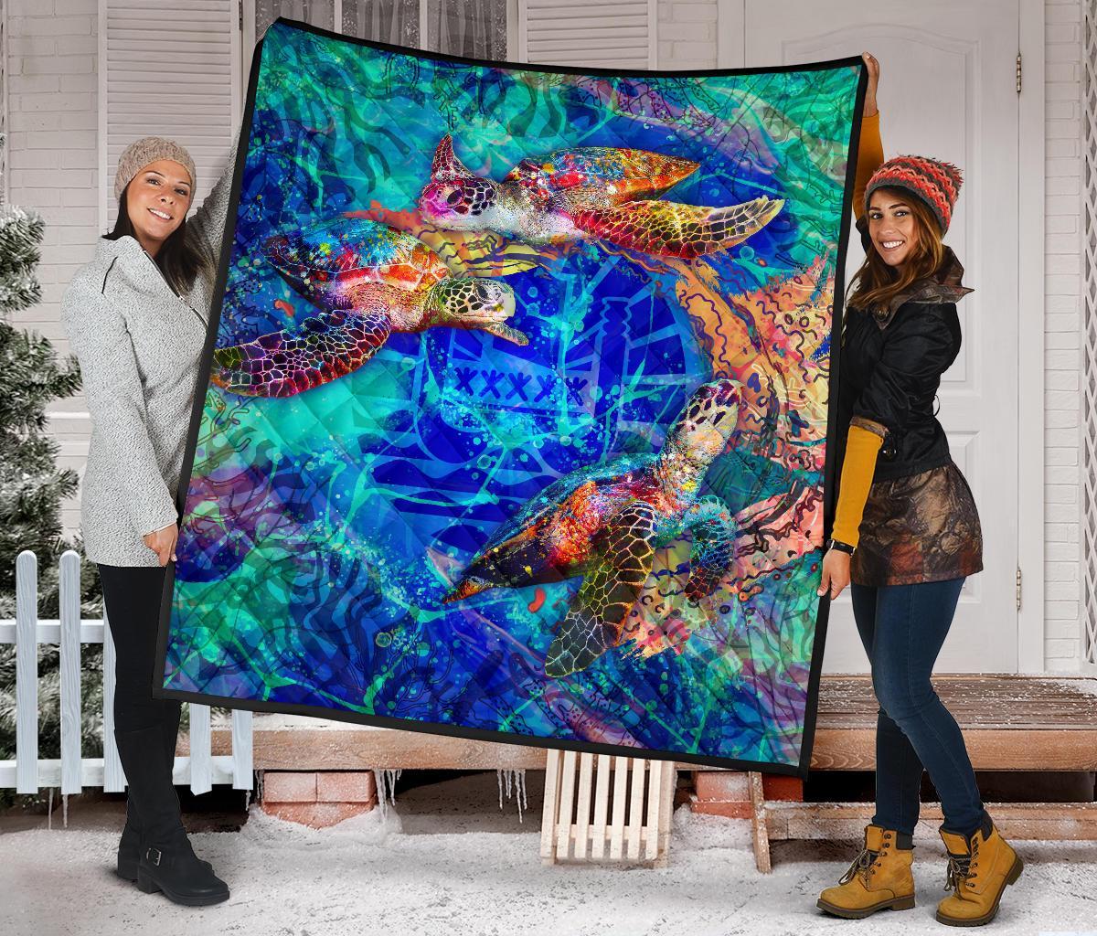 Tahiti Polynesian Premium Quilt - Tahiti Flag Sea Turtle Coral Treasure - Polynesian Pride