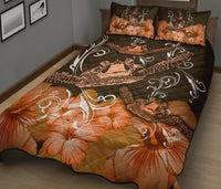 Hawaii Polynesian Turtle Waves Hibiscus Quilt Bed Set - Erik Style - AH - Orange - Polynesian Pride