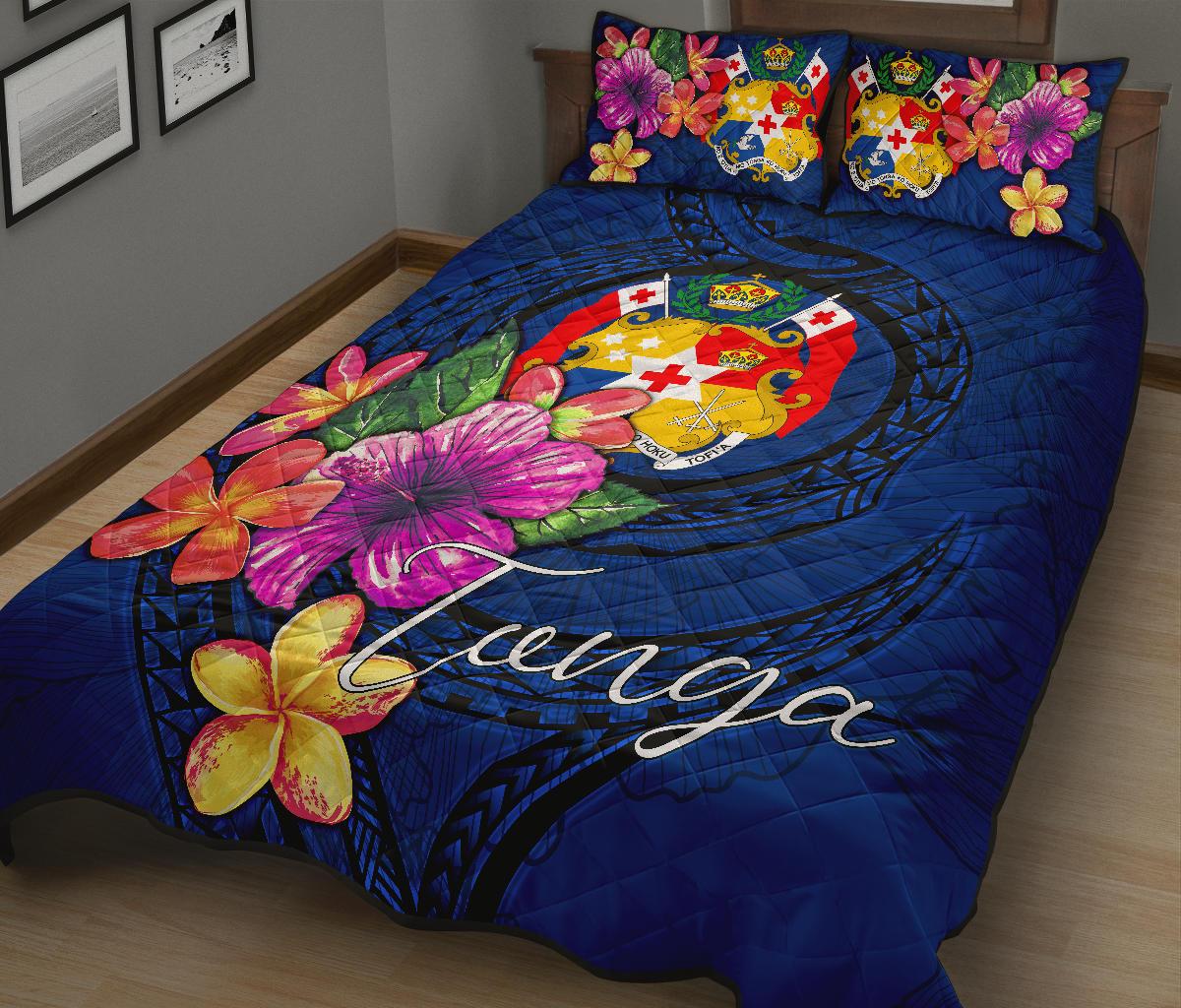 Tonga Polynesian Quilt Bed Set - Floral With Seal Blue - Polynesian Pride