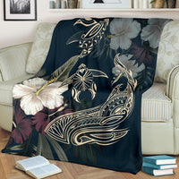 Hawaii Tropical Hibiscus Turtle Shark Aumakua Premium Blanket - Lucas Style - Blue - Polynesian Pride