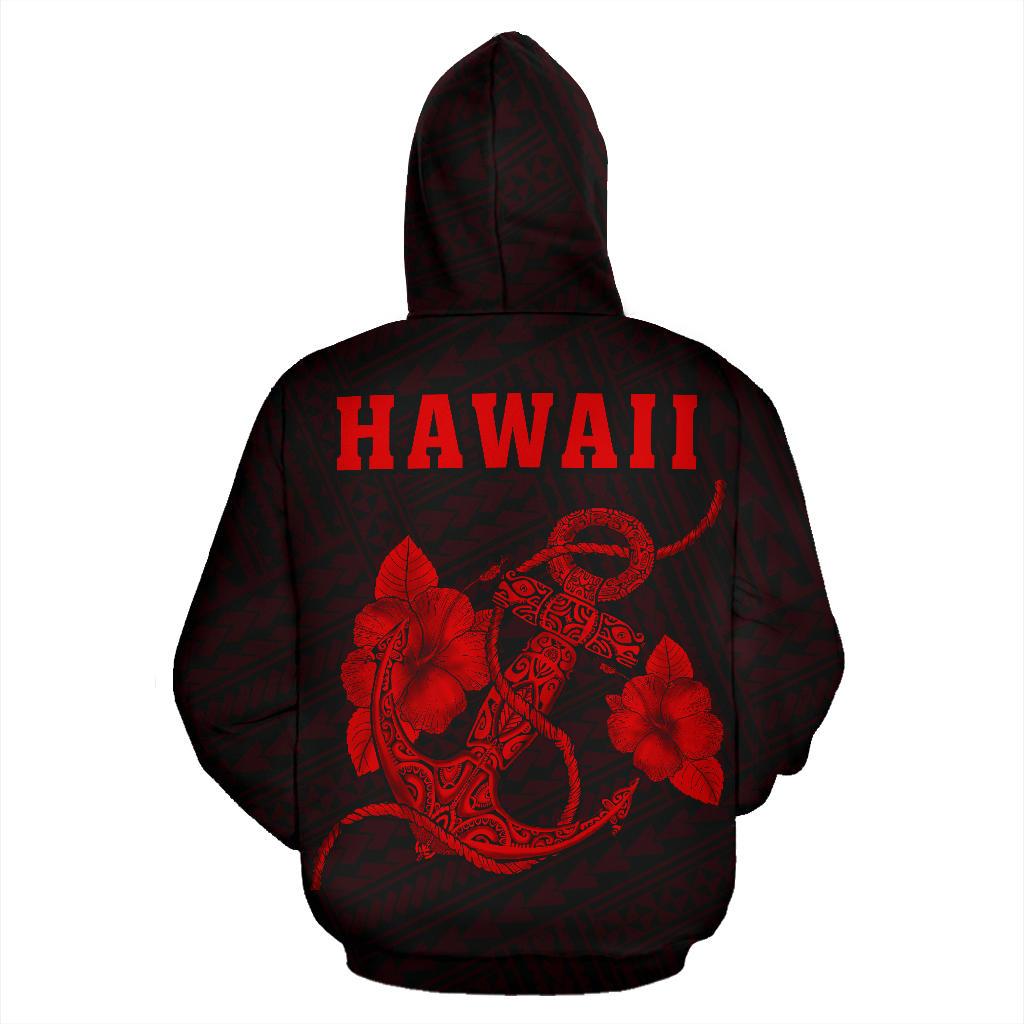 Polynesian Kakau Anchor Hibiscus Hawaii Hoodie Red - Polynesian Pride