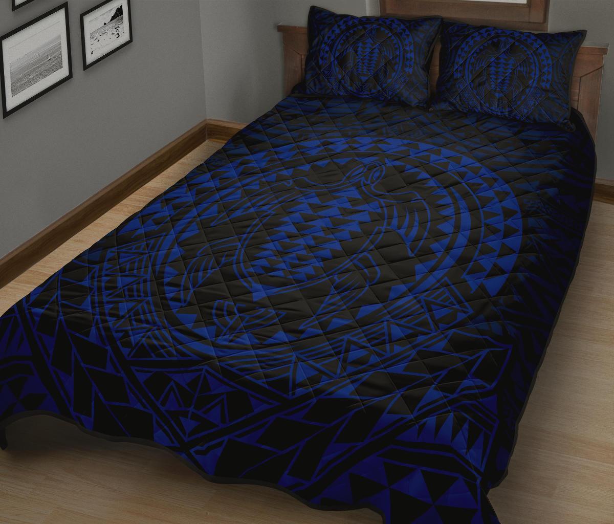Hawaiian Kakau Honu Arc Blue Polynesian Quilt Bed Set - Polynesian Pride