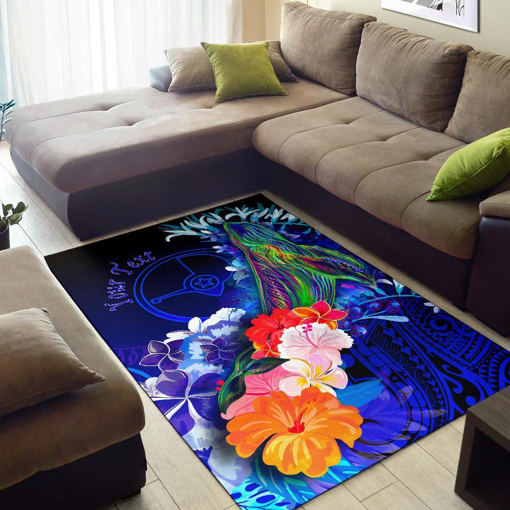 Custom Personalised Yap Area Rug - Humpback Whale with Tropical Flowers (Blue) - Polynesian Pride