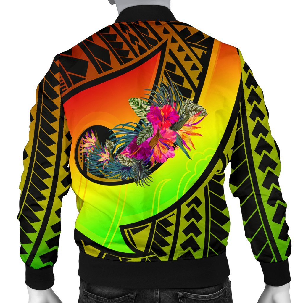 Papua New Guinea Men's Bomber Jacket - Polynesian Hook And Hibiscus (Raggae) - Polynesian Pride