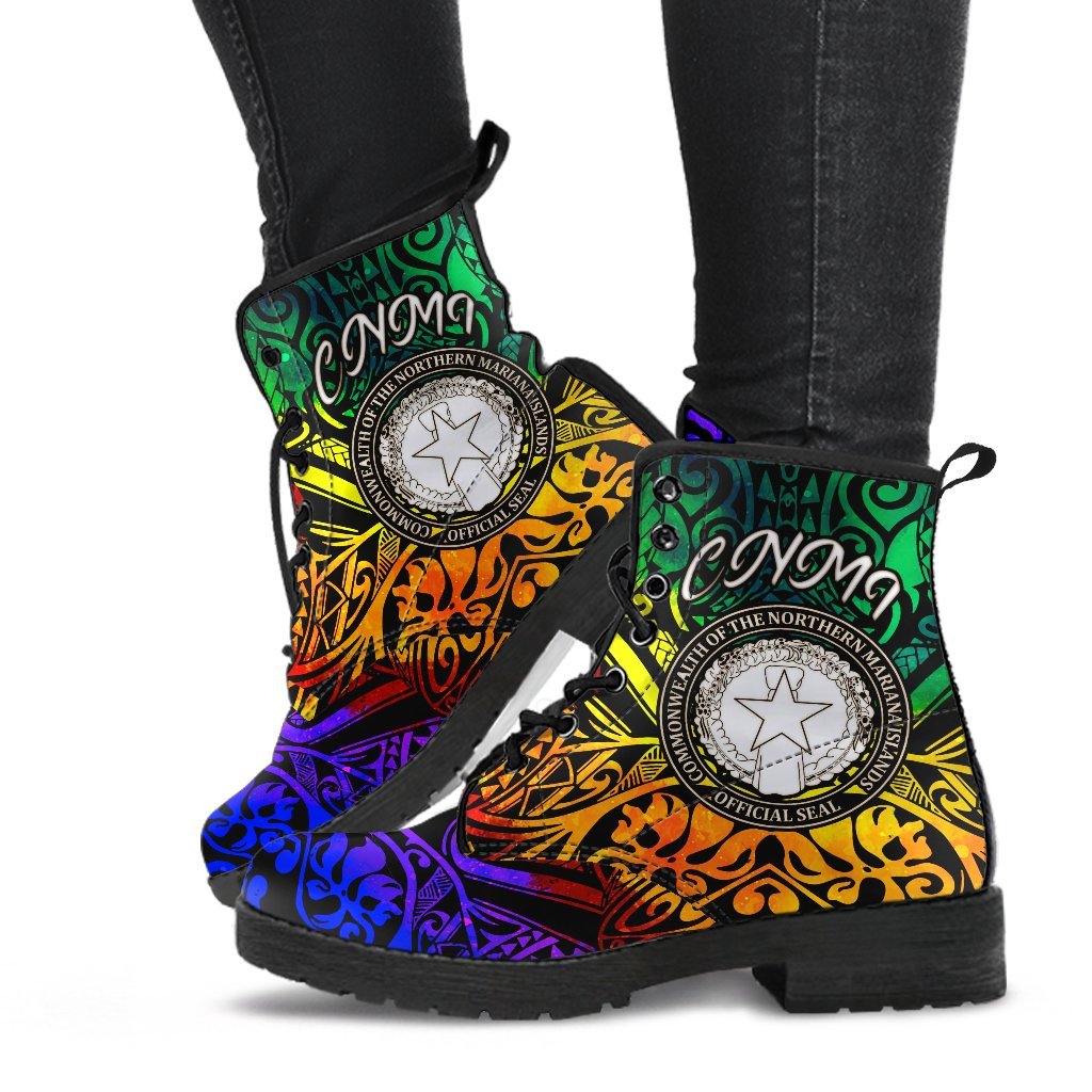 Northern Mariana Islands Leather Boots - Rainbow Polynesian Pattern - Polynesian Pride