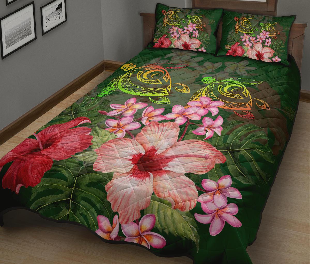 Hawaii Turtle Tropical Flower Quilt Bed Set - Deni Style - AH - Polynesian Pride