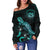 Hawaii Polynesian Women's Off Shoulder Sweater - Turtle With Blooming Hibiscus Turquoise - Polynesian Pride