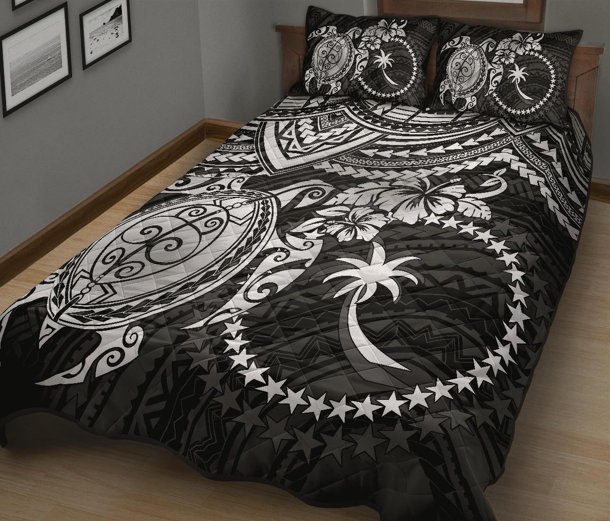 Chuuk Polynesian Quilt Bed Set - Chuuk Flag & White Turtle Black Version - Polynesian Pride