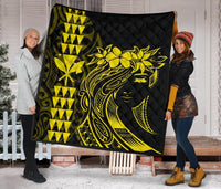 Hawaii Map Kanaka Polynesian Hula Girl Premium Quilt - Yellow - Polynesian Pride