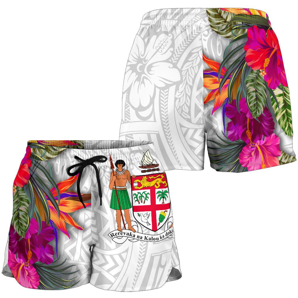 Fiji Polynesian All Over Print Women's Shorts - Hibiscus White Pattern - Polynesian Pride