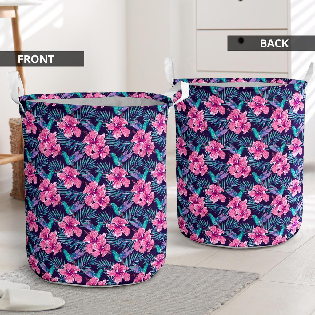 Tropical Flowers With Hummingbirds Palm Leaves Hawaii Laundry Basket - Polynesian Pride