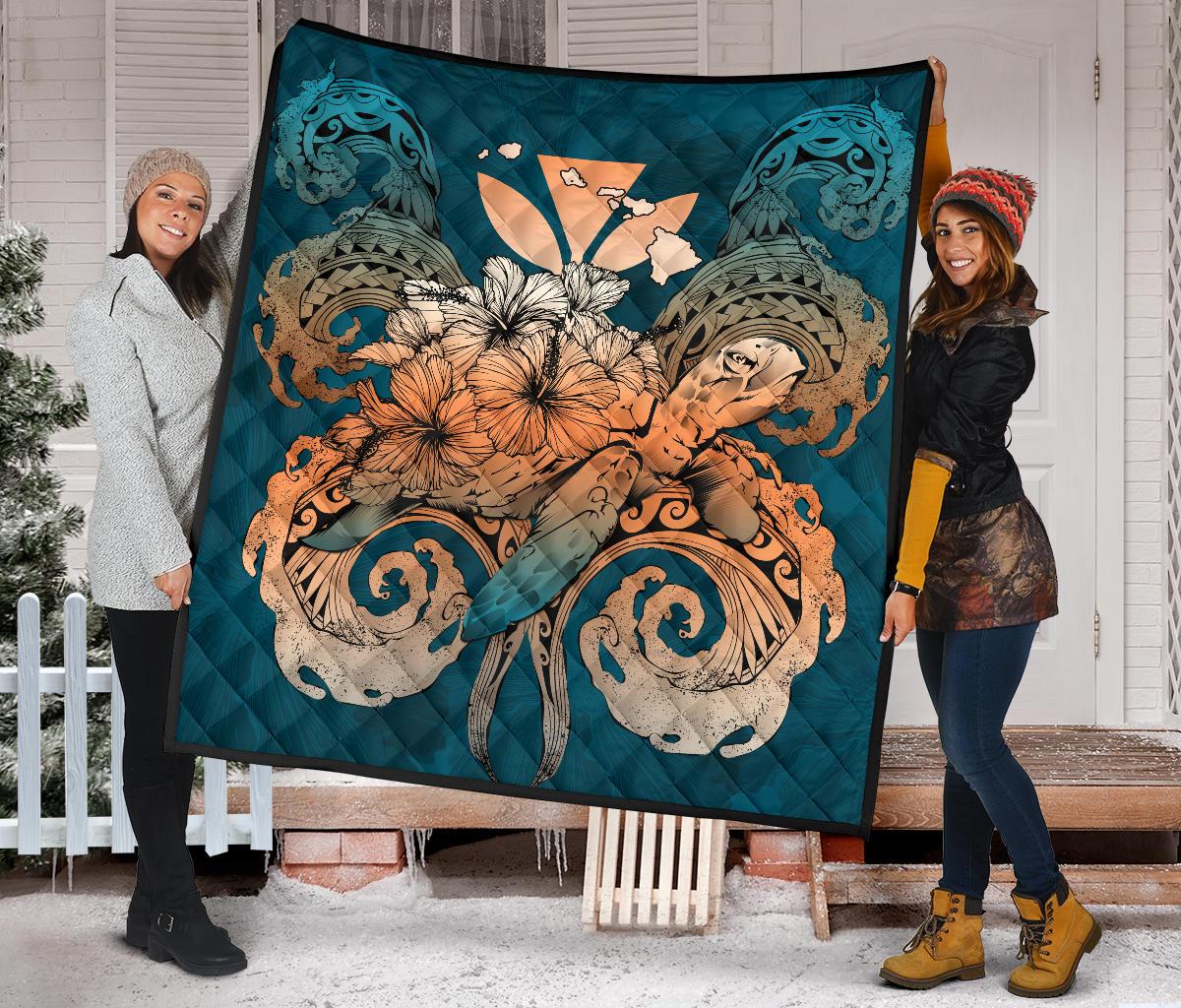 Hawaii Turtle Wave Polynesian Premium Quilt - Hey Style Orange - Polynesian Pride