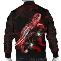 Papua New Guinea Polynesian Men's Bomber Jacket - Turtle With Blooming Hibiscus Red - Polynesian Pride