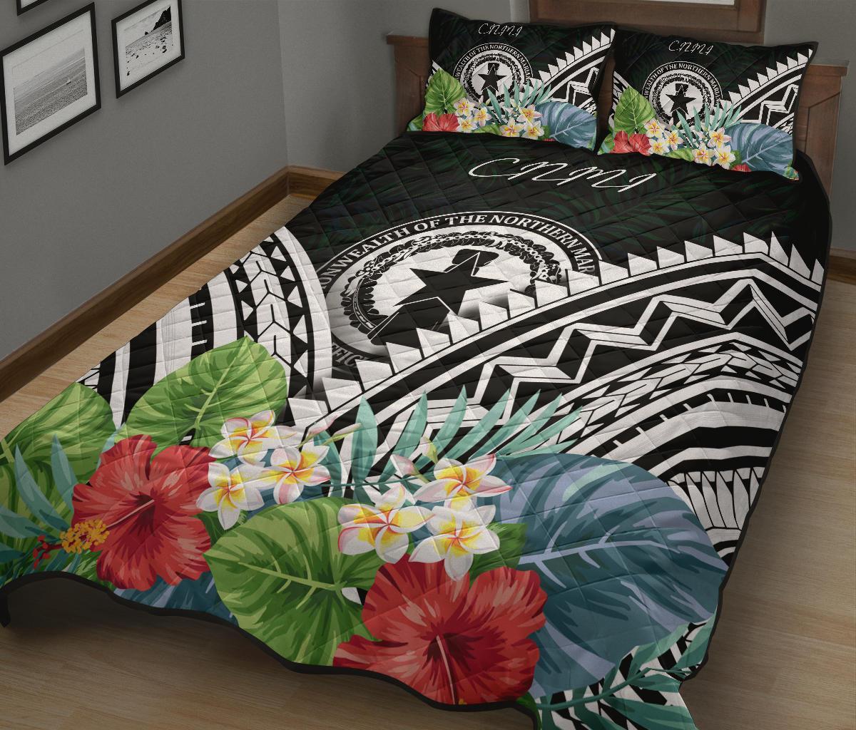 CNMI Quilt Bed Set - CNMI Coat of Arms & Polynesian Tropical Flowers White - Polynesian Pride