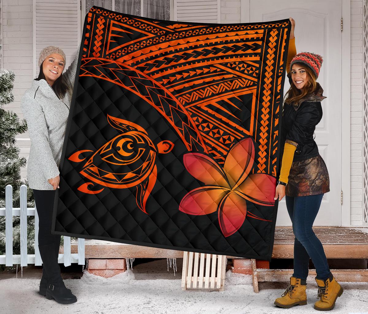 Hawaii Quilt - Hawaii Turtle Plumeria Quilt Orange - Polynesian Pride