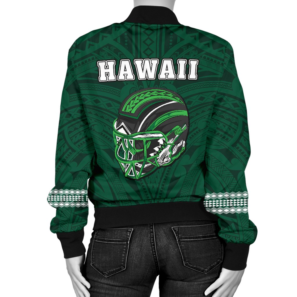 Hawaii Warrior Helmet Football Green Kakau Women's Bomber Jacket - Polynesian Pride