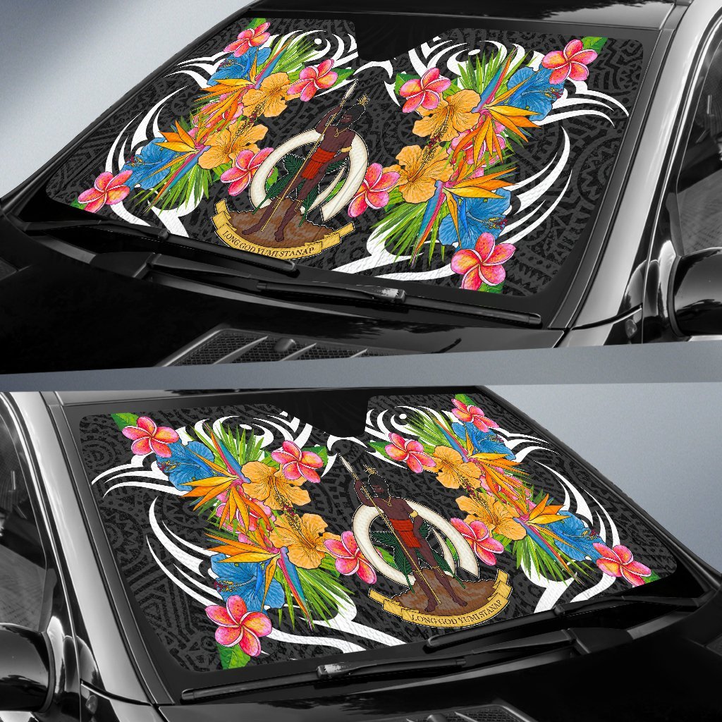 Vanuatu Auto Sun Shades - Coat Of Arms With Tropical Flowers - Polynesian Pride