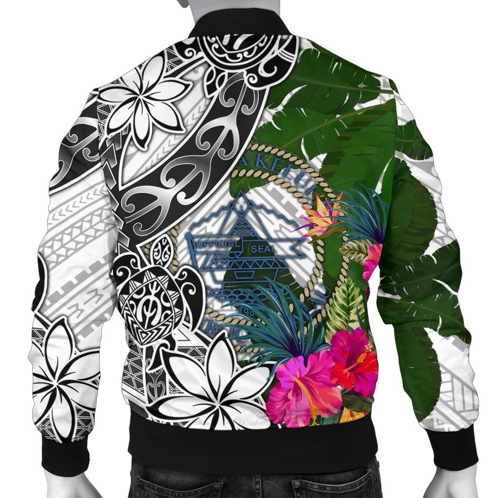 Palau Custom Personalised Men's Bomber Jacket White - Turtle Plumeria Banana Leaf Crest - Polynesian Pride