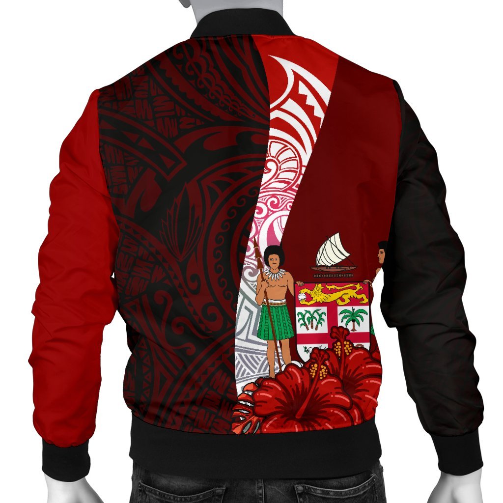 Fiji Polynesian Custom Personalised Men's Bomber Jacket - Coat Of Arm With Hibiscus - Polynesian Pride